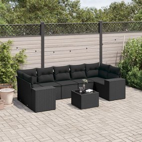 Set divani da giardino con cuscini 8 pz nero in polyrattan