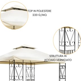 Gazebo da Giardino 3x3 Telo Poliestere 220 g/mq Ecrù, Struttura in Acciaio Verniciato, Doppio Tetto con Pannelli Laterali Decorati