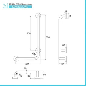 Corrimano angolare di sicurezza 35x65 cm con montante a destra in acciaio cromo