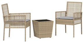 Set bistro da giardino 3 pezzi con cuscini beige in polyrattan