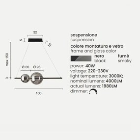 Lampada a sospensione FUFI a LED in metallo D100 cm con 2 diffusori a palla NERO