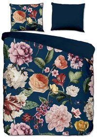 Set copripiumino e federa blu scuro in raso di cotone per letto matrimoniale ed esteso 200x220 cm Fiori – Descanso
