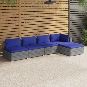 Set Divani da Giardino 5 pz con Cuscini in Polyrattan Grigio