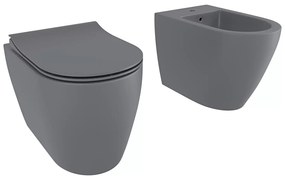 Coppia Sanitari Filomuro Filo Muro Filo Parete Vaso WC E Bidet Design Moderno In Ceramica Con Copriwater Chiusura Soft Close Chiusura Rallentata Colore Grigio Opaco