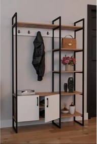 Mobile Ingresso Industrial 120x34x180 Con Scarpiera Appendiabiti E Ripiani Yago Bianco E Rovere
