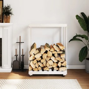 Portalegna Con Ruote Bianco 76,5x40x108 Cm Legno Massello Pino /