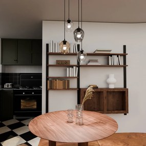 Lampadario 4 Luci Fuxi Base Tonda Acciaio Nero E Vetri Ambra Trasparente E Fumè