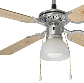 Ventilatore Metallo Cromo Spazzolato 1 Luce E27 4 Pale Legno Bianco Noce Gemini