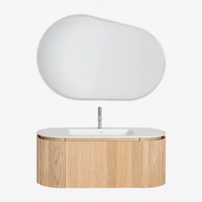 Set Mobili Da Bagno In Legno Carsone Con Lavabo Integrato Legno Naturale & Sin Mueble Auxiliar & Ovalado Led Y Antivaho (120x80 Cm) Meunier & Cromato