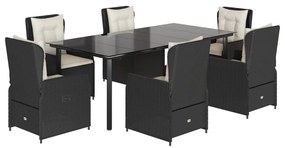Set da pranzo da giardino 7 pz nero con cuscini in polyrattan