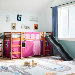 Letto A Soppalco Con Tende Bambini Rosa 90x190 Cm Massello Pino /