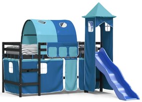 Letto a soppalco con torre bambini blu 80x200cm massello pino