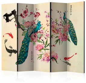 Paravento design Amore dei Pavoni II - pavoni colorati tra i fiori in stile orientale