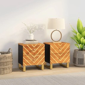 Comodini 2 Pz Marrone E Nero İn Legno Massello Di Mango /