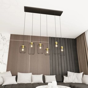 Sospensione Minimal Industrial Minerva 6 Luci Lineari Nera E Oro