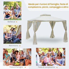 Gazebo da Giardino 2.95x2.95m in Metallo Doppio Tetto Zanzariera e Laterali Beige...