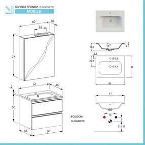 Mobile bagno sospeso 60 cm Master grigio cemento con specchio contenitore