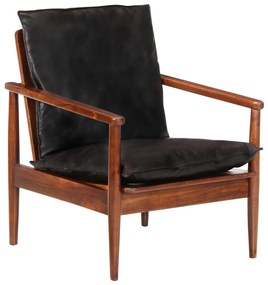 Poltrona Nera İn Vera Pelle E Legno Massello Di Acacia /
