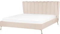 Letto in velluto beige rivestito con gambe in metallo dorato UE Dimensioni doppie 180 x 200 cm con testata con porta USB Camera da letto moderna e glam.