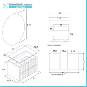 Mobile bagno sospeso cannettato 70 cm noce con top e specchio Bali