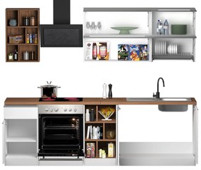 Cucina Lineare Moderna SOLE 256 cm – Bianco Lucido e Rovere, Soft Close