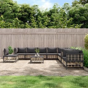 Set divani da giardino 11pz con cuscini in polyrattan antracite