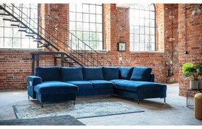 Divano letto a U in velluto blu navy, angolo destro Lofty Lilly - Miuform