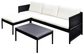 Set divani da giardino 3 pz con cuscini in polyrattan nero