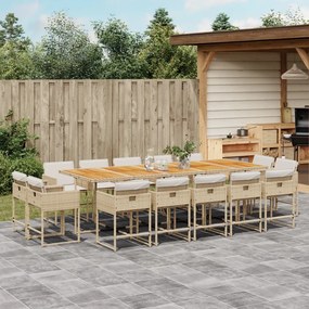 Set da pranzo da giardino 15 pz con cuscini beige in polyrattan