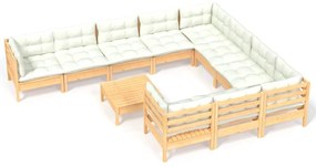 Set divani da giardino 11 pz con cuscini crema massello di pino