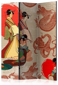Paravento Geishe (3-parti) - donne in kimono su sfondo orientale