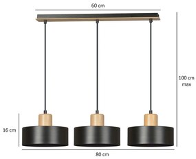 Sospensione Nordica 3 Luci Surya In Acciaio Nero E Legno