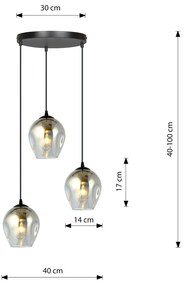 Lampadario 3 Luci Fuxi Base Tonda In Acciaio Nero E Vetri Fumè