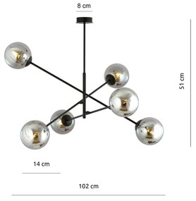 Lampadario 6 Luci Linear In Acciao Nero Con Bracci Regolabili E Vetro Fumè