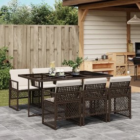 Set da pranzo da giardino 7pz con cuscini in polyrattan marrone