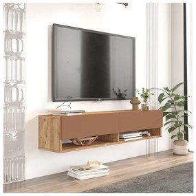 Mobile Tv Sospeso 140x32x30 Effetto Legno 2 Vani Rovere E Rosso Frame