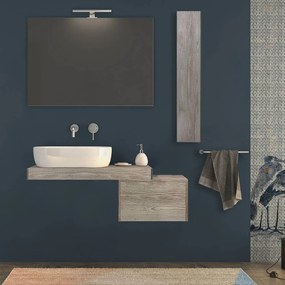 Mensolone bagno 90 cm Rovere sbiancato con specchio filo lucido, pensile da 100 cm e cassettone da 50 cm