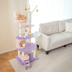 Costway Albero per gatti carino con scala pali graffiati rivestiti di sisal, Torre per gatti multi-livello da 158cm Viola