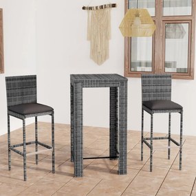 Set Bar Da Giardino 3 Pz Con Cuscini İn Polyrattan Grigio /