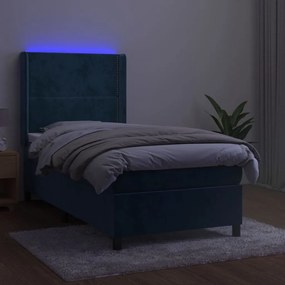 Letto a molle con materasso e led blu scuro 80x200cm in velluto