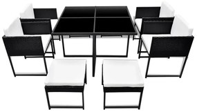 Set da pranzo da giardino 9 pz con cuscini in polyrattan nero