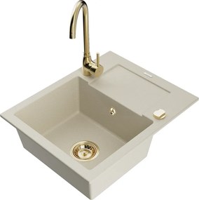 Mexen Enzo lavello da cucina in granito, 1 vasca con gocciolatoio e miscelatore Telma, beige - 6506-69-670200-50