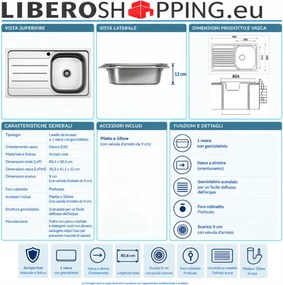 Lavello incasso 1 vasca DX 80x50 cm acciaio inox con Gocciolatoio