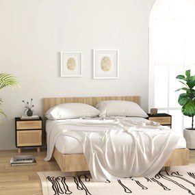 Comodini 2 Pz Neri İn Legno Massello Di Pino E Rattan Naturale /