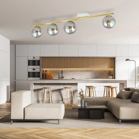 Plafoniera Contemporanea 4 Luci Achille In Acciaio Oro Bianco E Sfere Vetro Fumè
