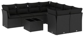 Set Divani da Giardino 9 pz con Cuscini Nero in Polyrattan