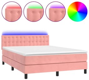 Letto a molle con materasso e led rosa 140x190 cm in velluto