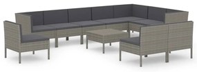 Set divani da giardino 11 pz con cuscini in polyrattan grigio