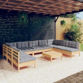 Set divani da giardino 10 pz con cuscini grigi massello di pino