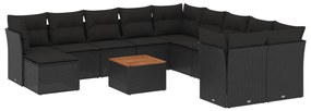 Set divani da giardino 12 pz con cuscini nero in polyrattan